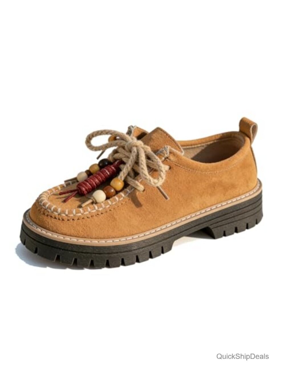Suede Platform Chunky Heel Loafers Beaded Lace Up Round Toe Anti-Slip Slip On